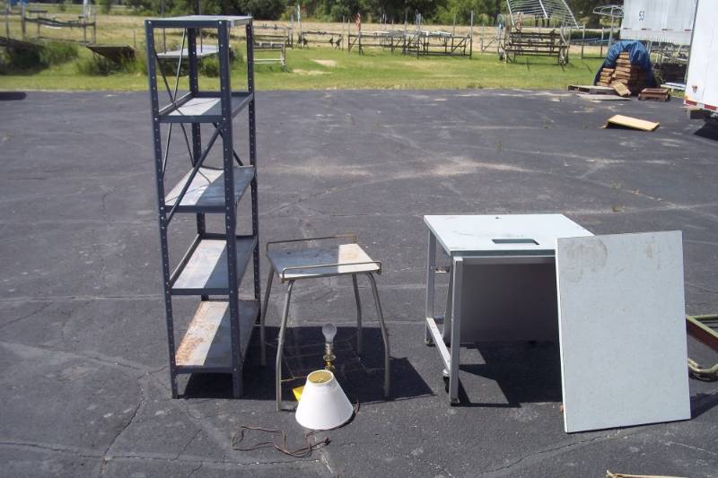 lot 213 image: Metal Shelving, Rolling Metal Table, Lamp, Metal Ladder, Metal Stand