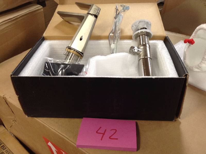 lot 42 image: KRAUS Aplos Single Hole Single-Handle Mid-Arc Bathroom Faucet in Brushed Nickel open box never used