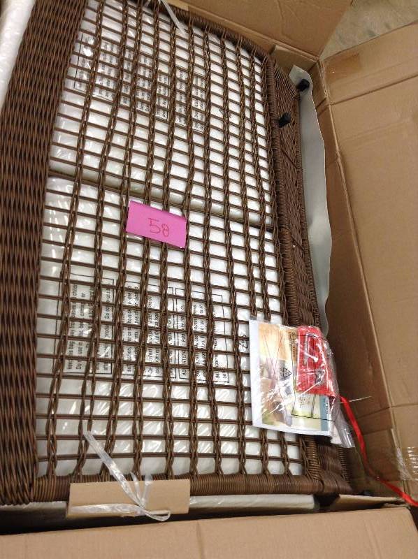 lot 58 image: Hampton Bay Spring Haven Brown Wicker Patio Loveseat with Cushion Insert open box never used