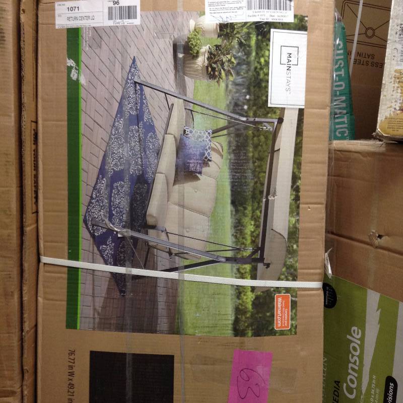 lot 63 image: Mainstays Forest Hills 3-Seat Cushion Swing, Beige ERK-32 open box never used