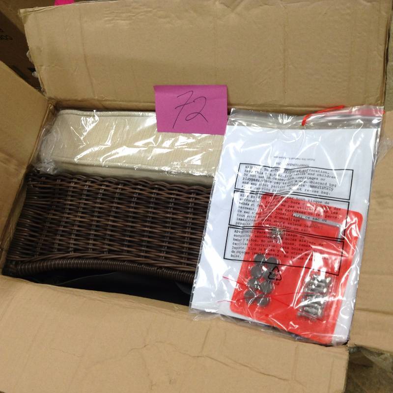 lot 72 image: Hampton Bay Wicker Outdoor Ottoman with Beige Cushion - Brown. Open box never used