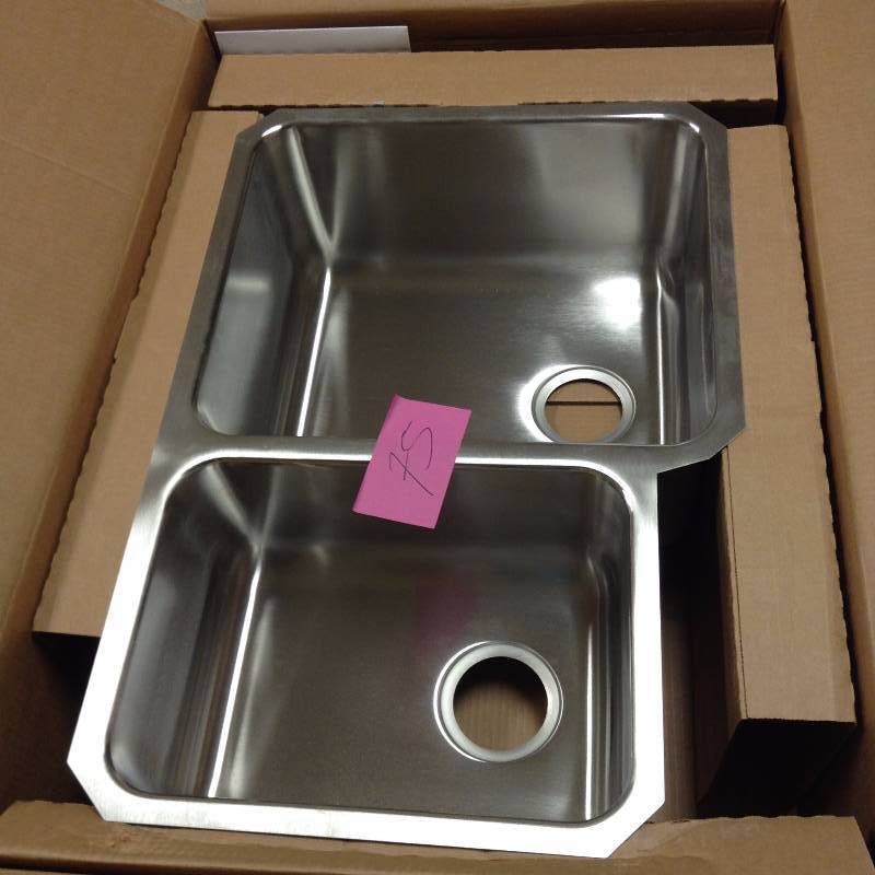 lot 75 image: Elkay Lustertone Undermount Stainless Steel 31 in. Double Basin Kitchen Sink open box never used