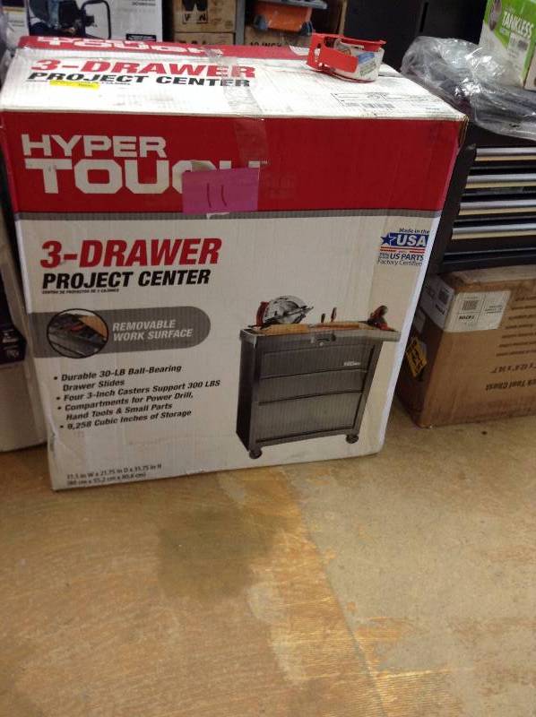 lot 11 image: Hyper Tough 3-Drawer Rolling Tool Cabinet with Ball-Bearing Slides, 26W open box never used