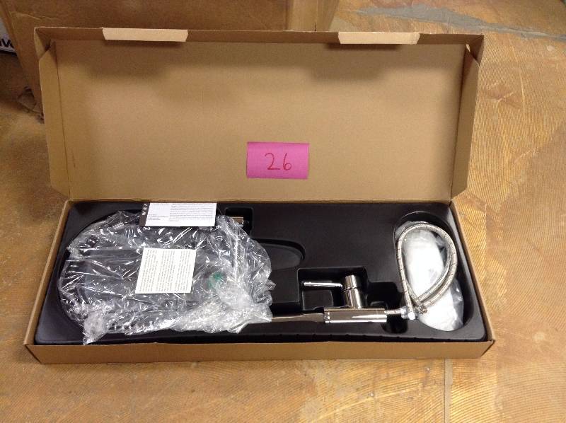 lot 26 image: Belle Foret Pre-Rinse Commercial Single-Handle Pull-Down Kitchen Faucet in Chrome open box never used