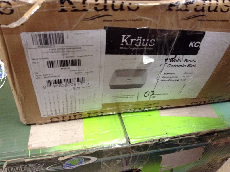 lot 29 image: KRAUS Rectangular Ceramic Vessel Bathroom Sink in White open box never used