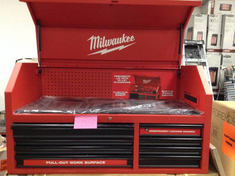 lot 83 image: Milwaukee 46 in. 8-Drawer Steel Storage Chest, Red and Black Model#  48-22-8510