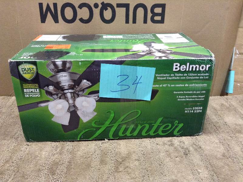 lot 34 image: Hunter Belmont 52 in Brushed Nickekl Ceiling Fan