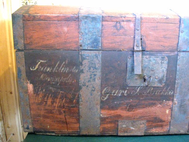 lot 3 image: Antique Immigrant Trunk with Name, Location