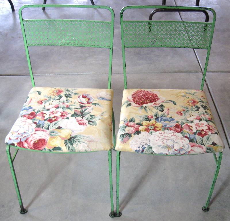 lot 26 image: (2) Vintage Metal Chairs with Upholstered Seats