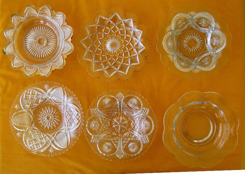 lot 57 image: MisMatched PressedCut Glass Cheese Plates, Sugars, Creamers