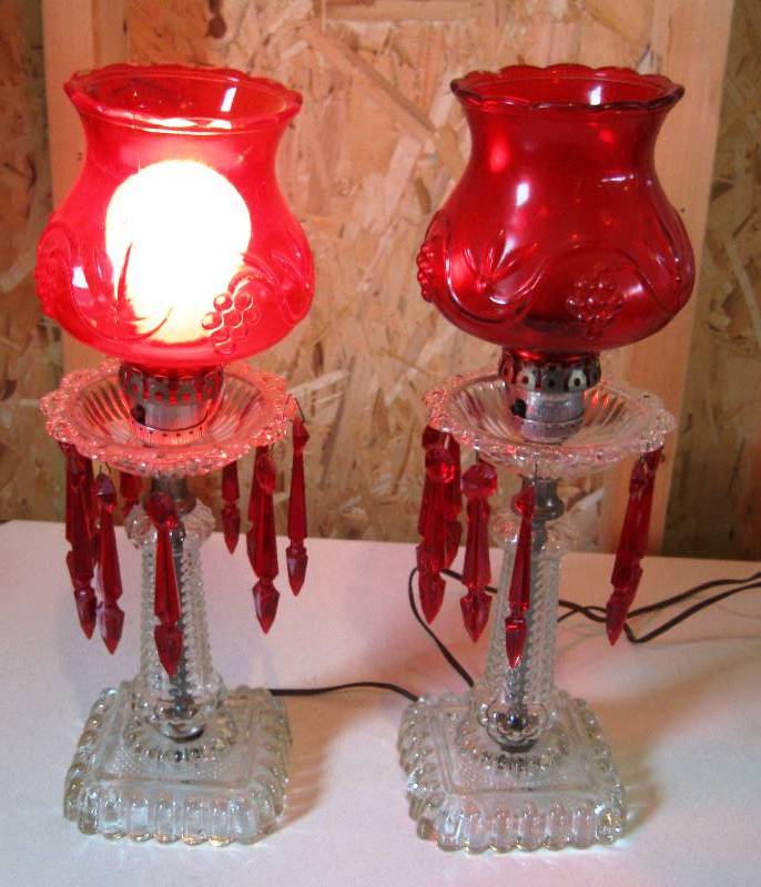 lot 49 image: (2) Glass Red & Clear Hurricane Table Lamps