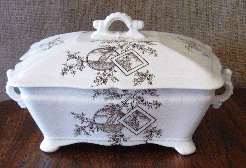 lot 82 image: Old, Brown & White Transferware Lidded Casserole & Chamber Pot