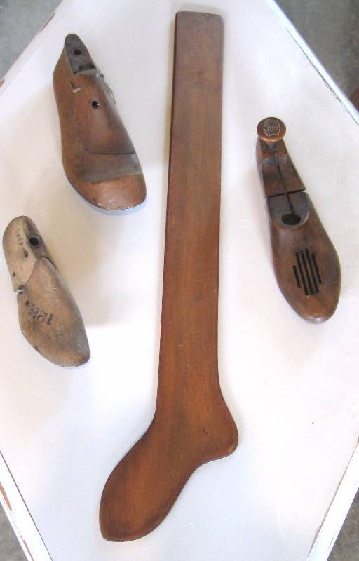 lot 126 image: (3) Vintage Shoe Forms, Sock StretcherForm & Basket