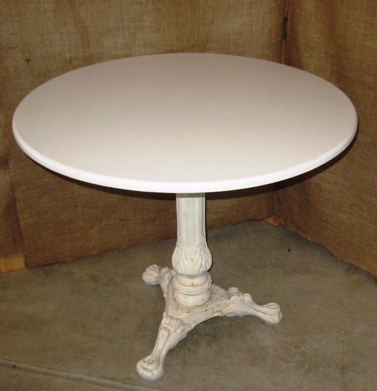 lot 128 image: Cast Iron Table Base with Wood Top & (2) Wire Ice Cream Parlor Chairs