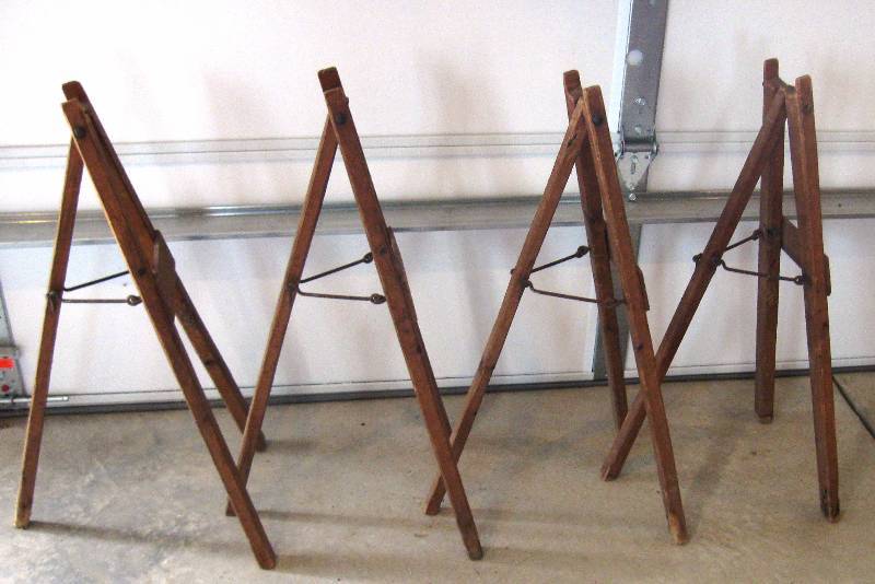lot 106 image: (4) 2 sets of Antique Saw Horses UPDATE QUILT FRAME HOLDERS