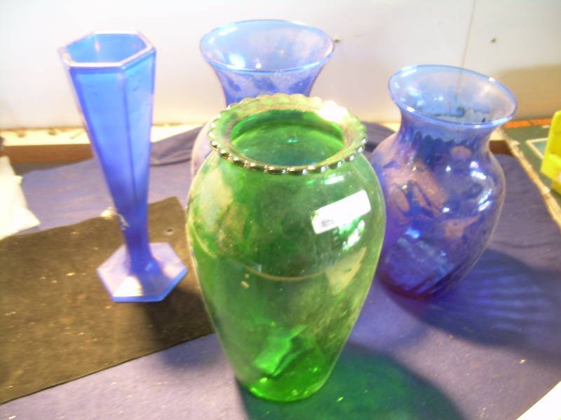 3 COBALT BLUE VASES 1 GREEN