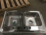 lot 40 image: Specialty Drop-In Stainless Steel 19x33x6 4-Hole Double Basin Kitchen Sink Model # 14619-4-NA open box never used
