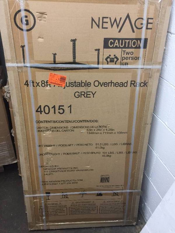 lot 18 image: NewAge Products Performance 96 in. L x 48 in. W x 42 in. H Adjustable VersaRac Ceiling Storage Rack in Gray Model#  40151 open box never used