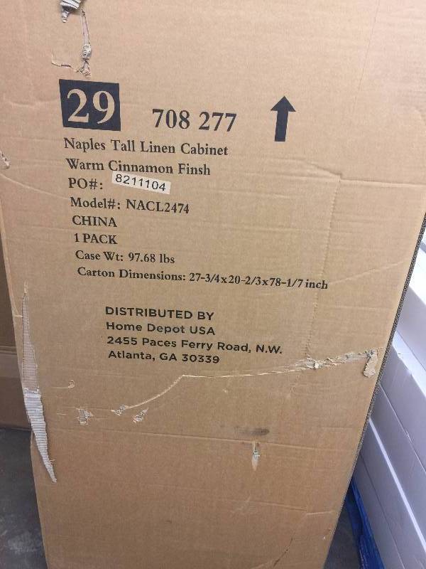 lot 29 image: Foremost Naples 24 in. W x 74 in. H x 18 in. D Wood Bathroom Linen Storage Floor Cabinet in Warm Cinnamon  Model # NACL2474 open box never used