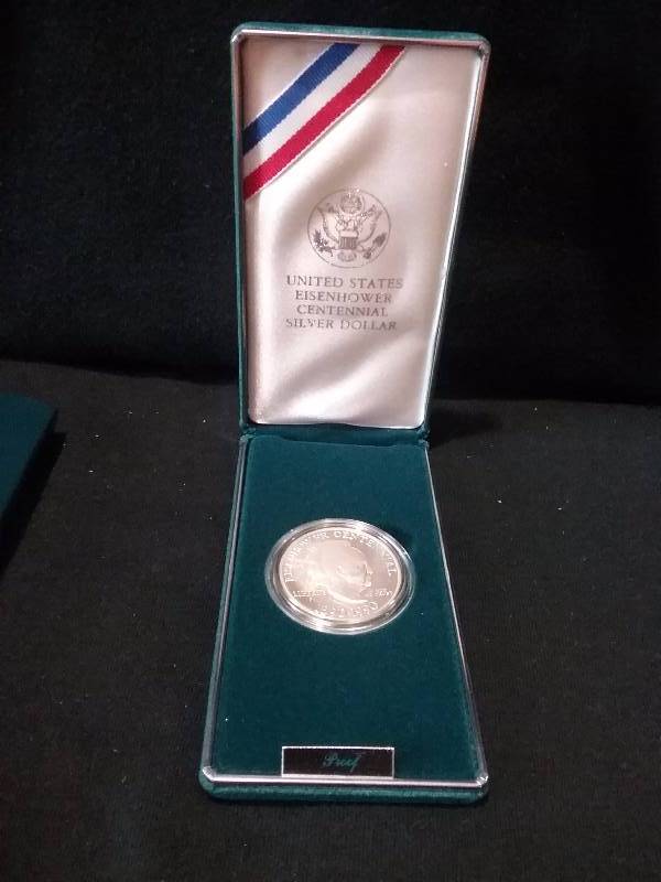 lot 60 image: 1990 90% Silver US Mint Centennial Eisenhower Silver Dollar wCOA