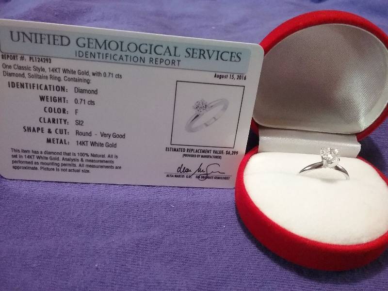 lot 80 image: 14KT White Gold Diamond Solitaire, Classic Style, .71 ctw, Color F, Clarity SI2
