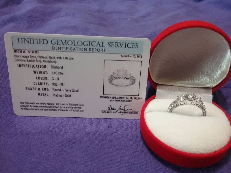 lot 81 image: Platinum Three Stone Diamond Engagement Ring, Vintage Style, 1.40 ctw, Color G-H, Clarity VS2-SI1.