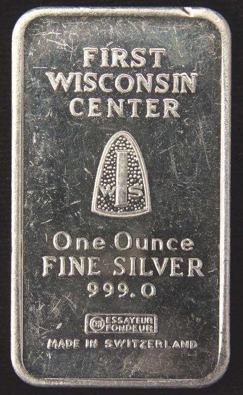 lot 19 image: 1 TROY OZ. .999 FINE SILVER BAR FIRST WISCONSIN CENTER ART BAR