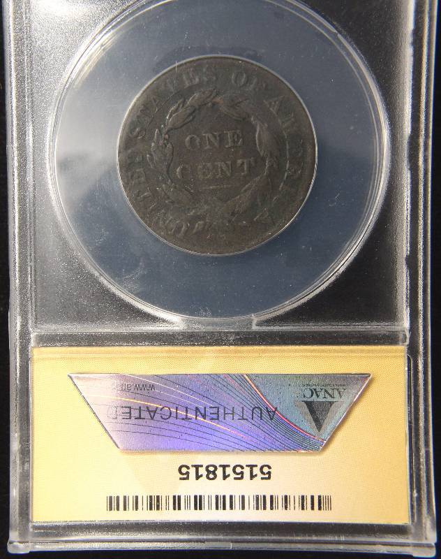 lot 27 image: 1831 US CORONET HEAD LARGE CENT VF20 DETAILS ANACS