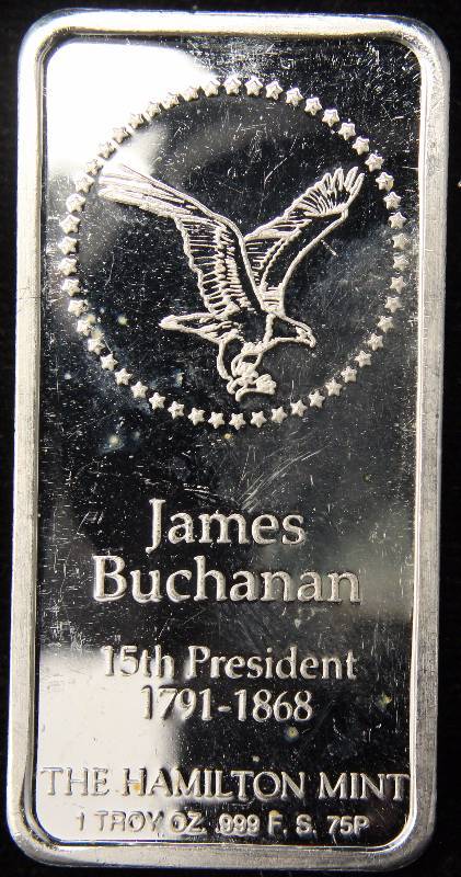 lot 32 image: 1 TROY OZ. .999 FINE SILVER BAR JAMES BUCHANAN ART BAR