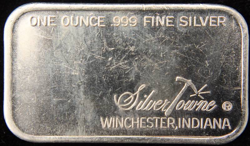 lot 39 image: 1 TROY OZ. .999 FINE SILVER BAR SILVER TOWNE INDIAN ART BAR