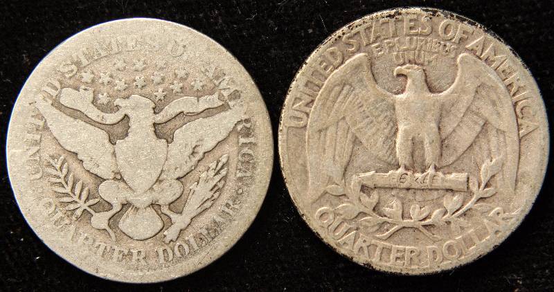 lot 43 image: GROUP OF 2 SILVER QUARTERS 1909 BARBER & 1945 WASHINGTON
