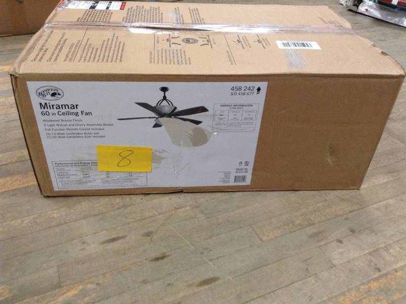 lot 8 image: Hampton Bay Miramar 60 in. Weathered Bronze Ceiling Fan  open box never used