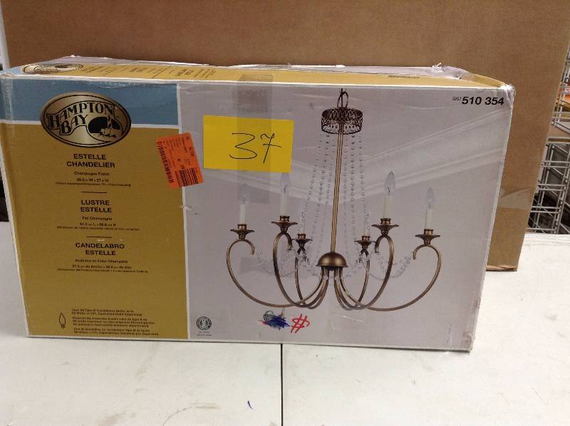 lot 37 image: Hampton Bay Estelle 6-Light Gold Hanging Chandelier Model # HD13811L6CHPC open box never used