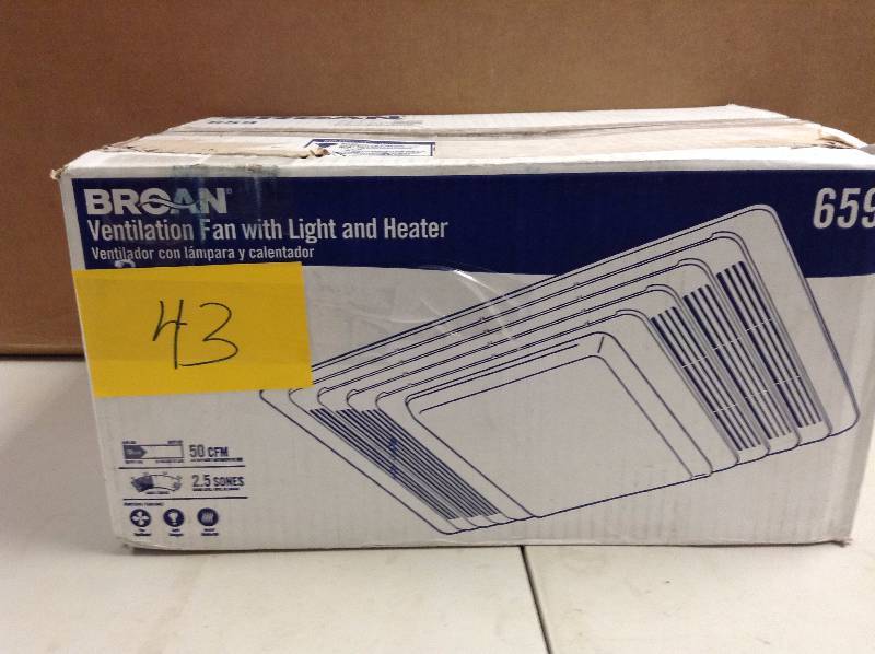 lot 43 image: Broan 50 CFM White Exhaust Fan with Light and Heater open box never used