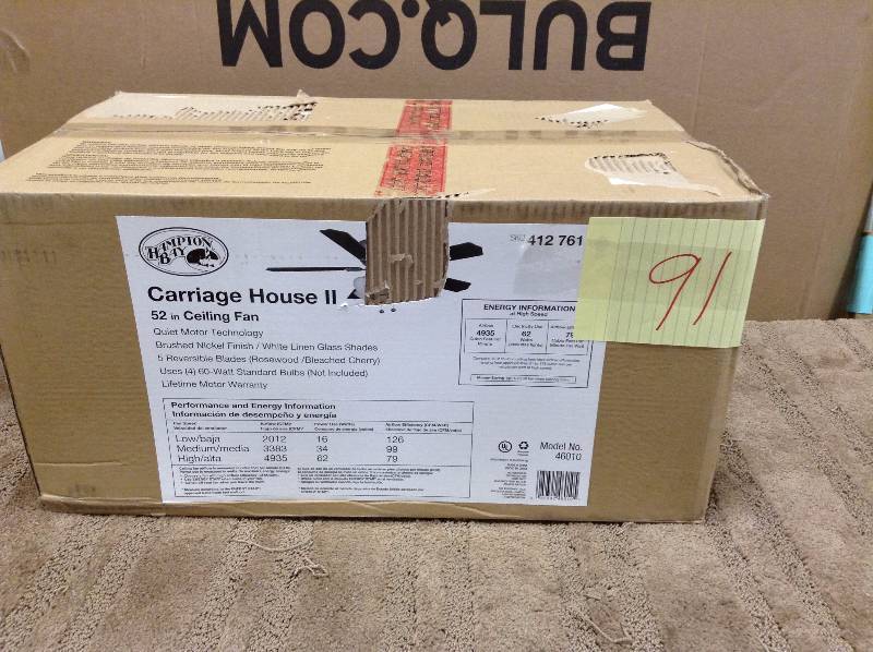 lot 91 image: Hampton Bay 412761 Carriage House II 52 in Indoor Brushed Nickel Ceiling Fan open box never used