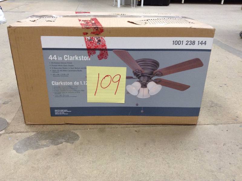 lot 109 image: Clarkston 44 in. Oiled Rubbed Bronze Ceiling Fan with Light Kit open box never used