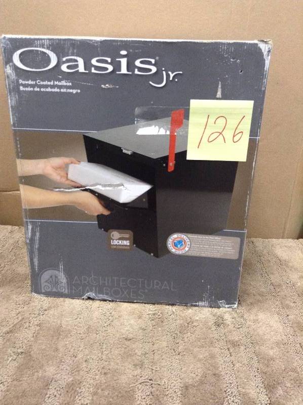 lot 126 image: Architectural Mailboxes Oasis Jr. Elite Black Post-Mount Locking Mailbox open box never used