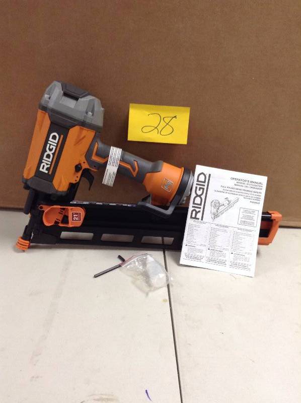 lot 28 image: RIDGID 21 Degree 3-12 in. Round-Head Framing Nailer Model#  R350RHF open box