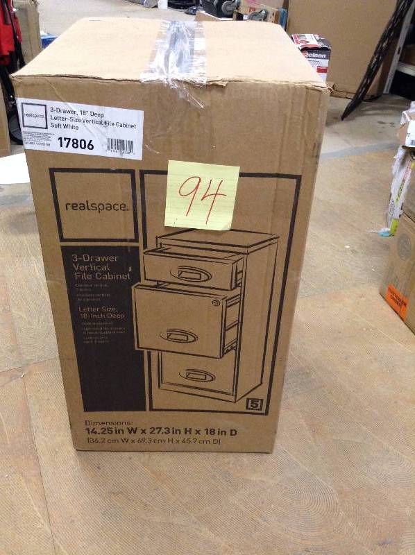 lot 94 image: Realspace SOHO 3-Drawer Organizer Vertical File Cabinet, 27in.H x 14 14in.W x 18in.D, Soft White open box never used