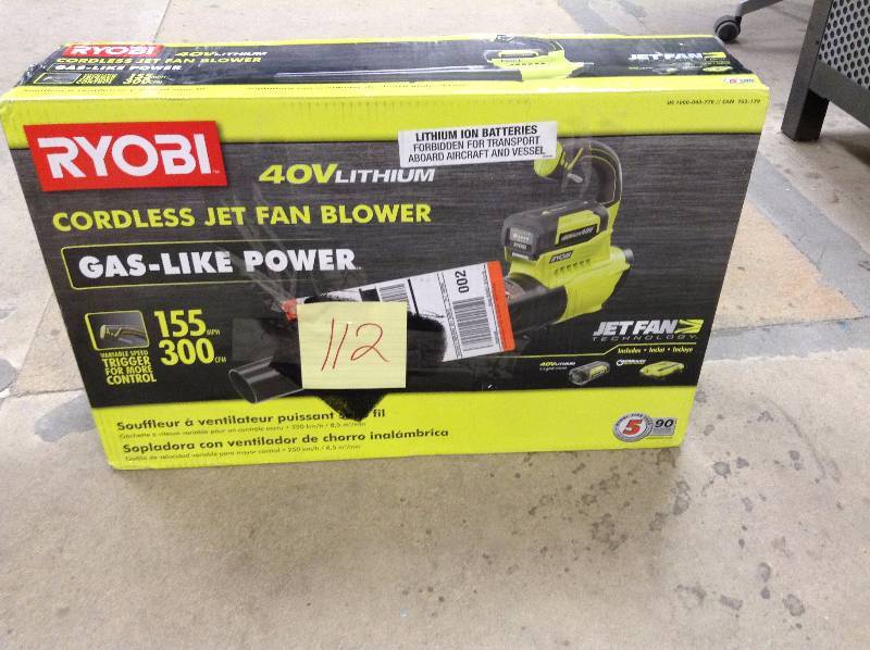 lot 112 image: Ryobi  155 MPH 300 CFM Variable-Speed 40-Volt Lithium-Ion Cordless Jet Fan Leaf Blower - 2.6 Ah Battery and Charger Included in working conditions