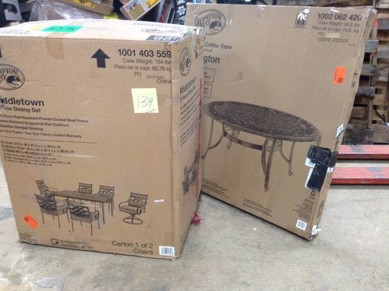 lot 134 image: Hampton Bay Middletown 7-Piece Patio Dining Set with Chili Cushions open box never used