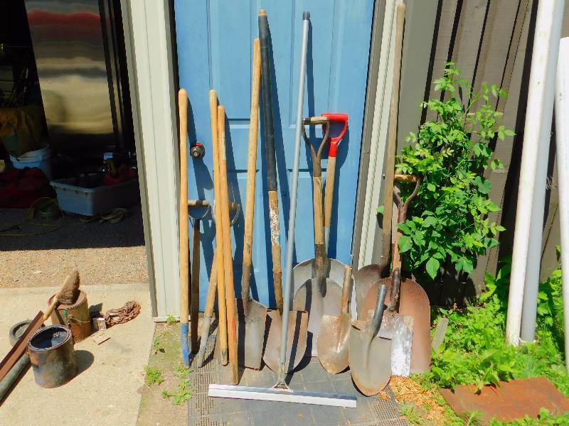 Lot of Shovels, Wood Handles, and a Squeegee