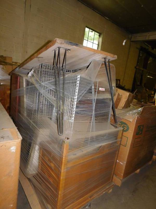 Wooden Table, Stools, Wire Baskets