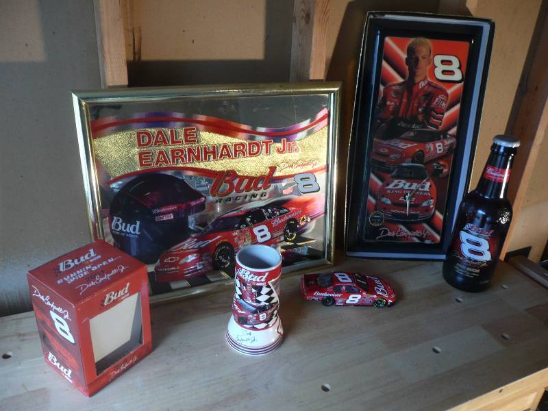 lot 22 image: Dale Earnhardt Jr - Mirror, Clock, Bud Bottle, Stein, Car - Nice Large Group - See Pictures