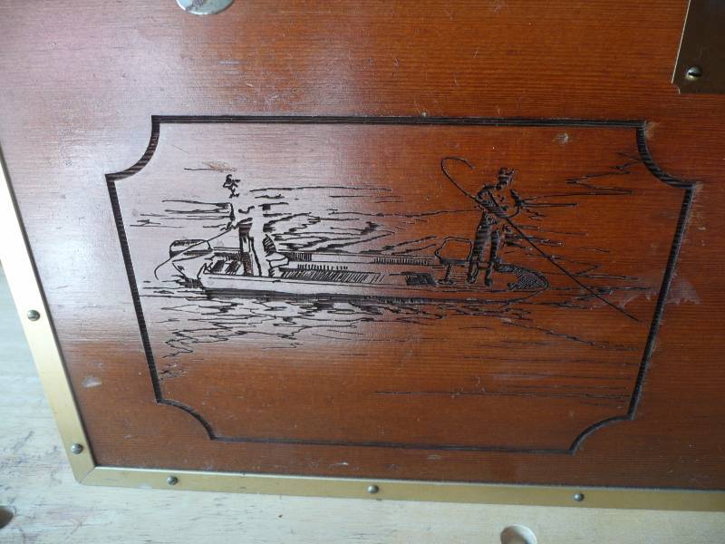 lot 78 image: AWESOME PIECES - VINTAGE HAND CRAFTED WOODEN TACKLE BOX WTACKLE - GREAT PIECE - MUST SEE PICTURES