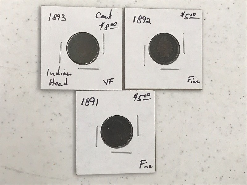 1891 & 1892 & 1893 Indian Head Cent...