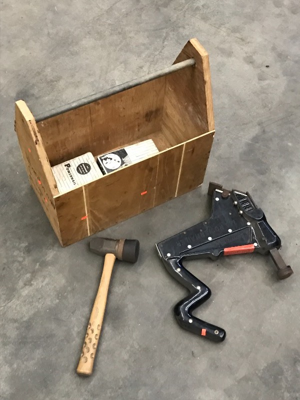 lot 67 image: Wooden Toolbox With Floor Nailer Se...