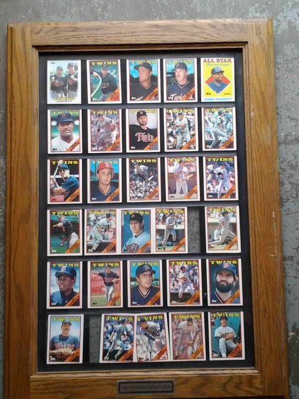 lot 39 image: 1987 World Champion Mn Twins Framed Player Cards 20x28 & Wheaties Box