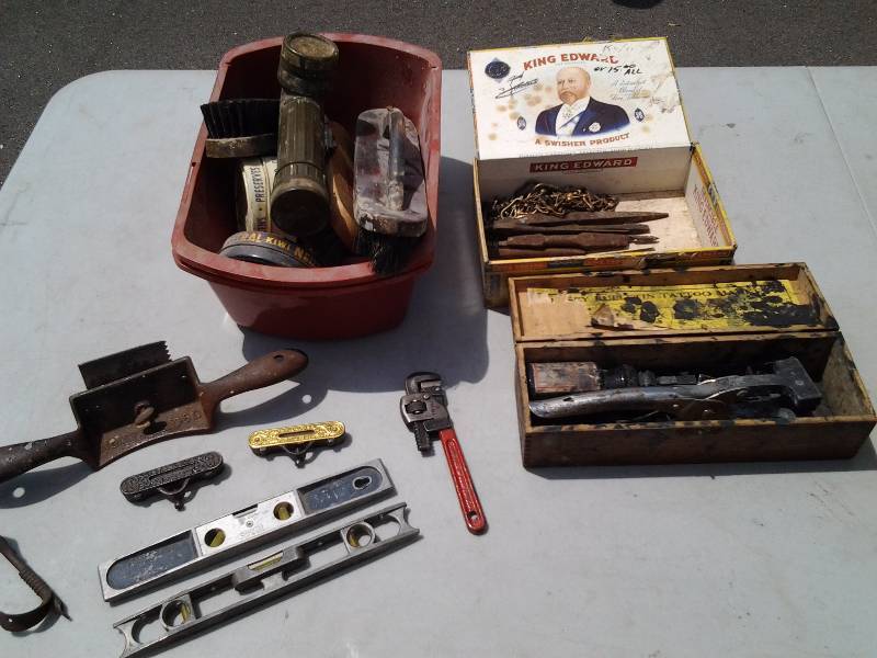 lot 63 image: Lot Of Vintage Tools Old Stanley Levels, Stanley Plane, Corn Husker, More