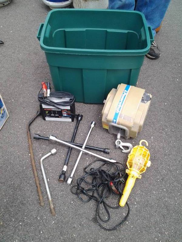 lot 98 image: Power Winch, Battery Charger, 2-T Wrenches, Trouble Light